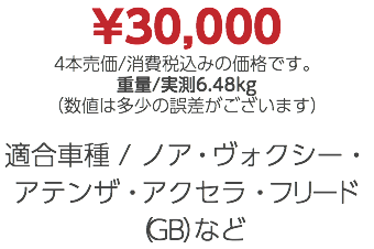 ¥30,000 4本売価/消費税込みの価格です。 重量/実測6.48kg （数値は多少の誤差がございます） 適合車種 / ノア・ヴォクシー・アテンザ・アクセラ・フリード（GB）など